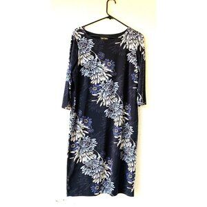 Bob Mackie Wearable Art Blue Black Floral Boat Neck 3/4 Sleeve Dress M